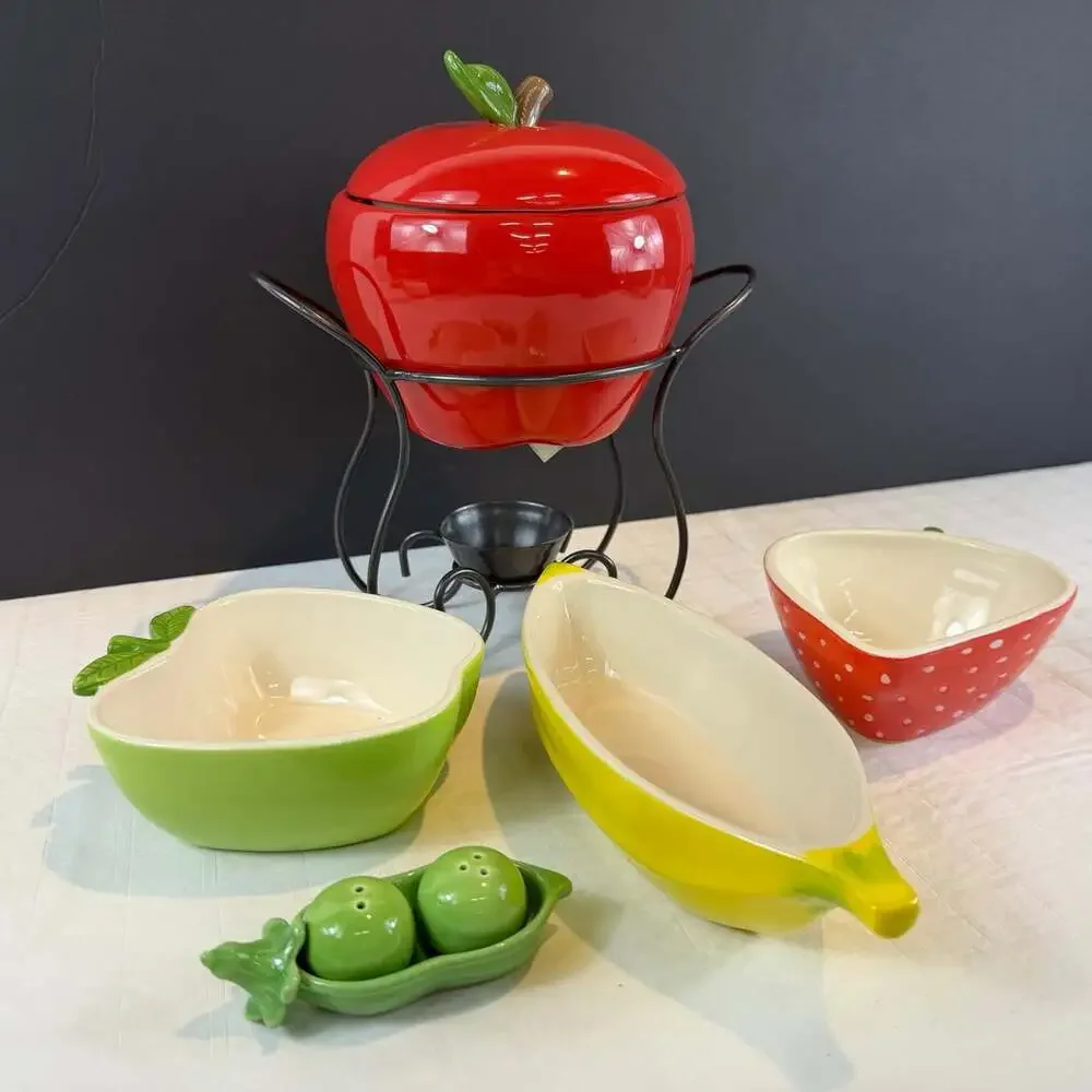 fruit themed ceramic fondue set Apple Pot W Lid Stan 3 Bowls Salt Pepper Pea Pod